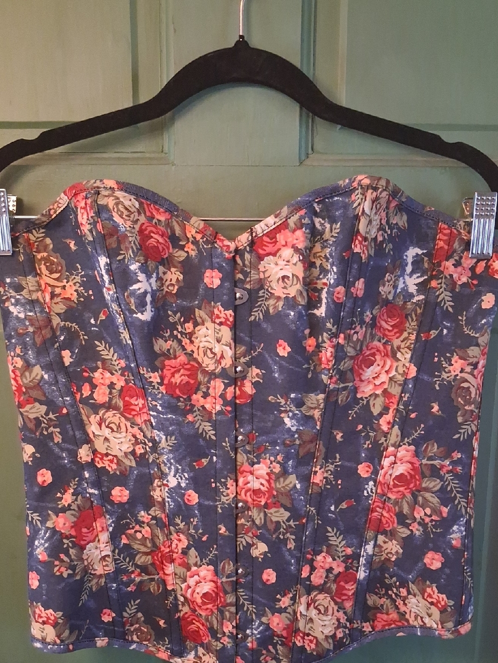 Floral Strapless Corset Top - Navy with Pink & Red Roses